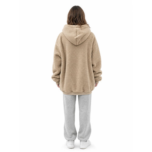 Back view of the khaki Puppy Pouch Hoodie showing the hood and oversized fit