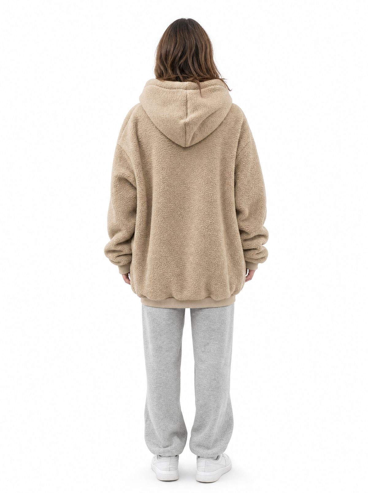 Back view of the khaki Puppy Pouch Hoodie showing the hood and oversized fit