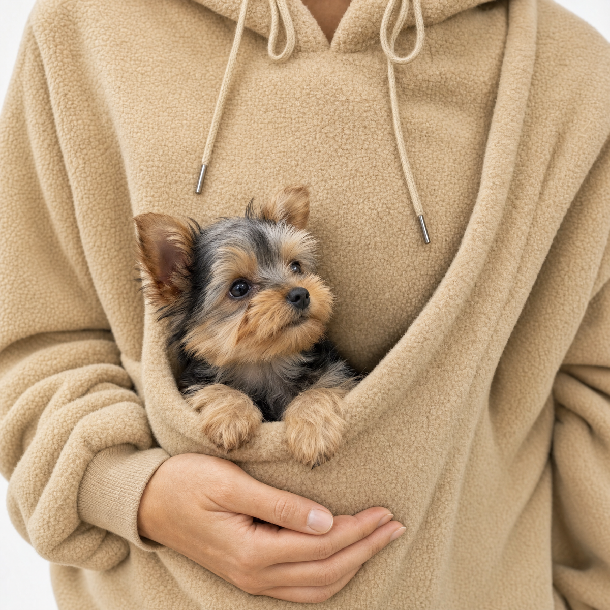 Close view of the khaki Puppy Pouch Hoodie carrier opening with a Yorkshire terrier puppy sitting inside and a hand supporting from below